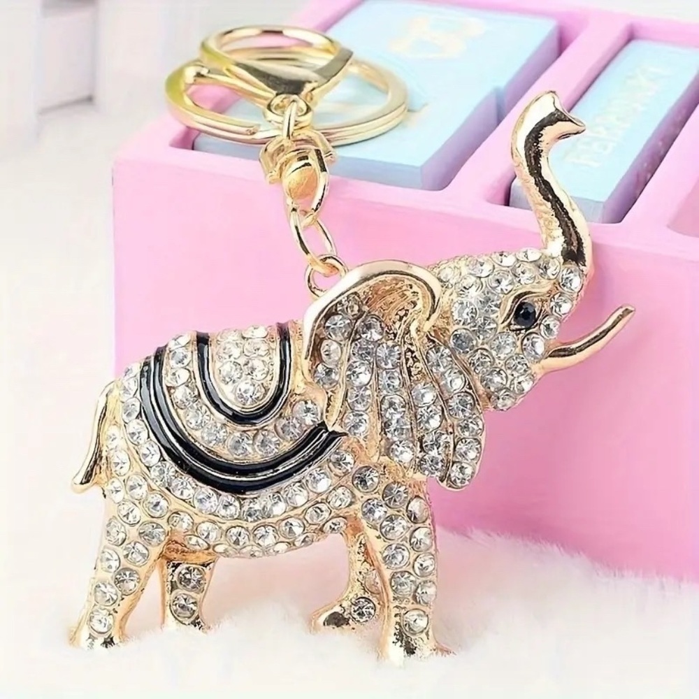 Elegant Elephant Bag Charm/Key Chain Golden Tone Crystal